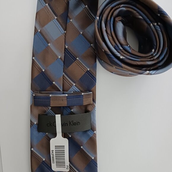 Calvin Klein Men's Necktie Print Silver Brown Squares 58 X 3.5" W  100% Silk NWT - Picture 7 of 10
